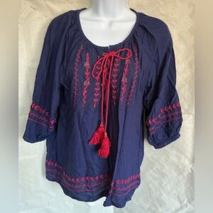 Vanilla Star Navy and Red Embroidered Blouse